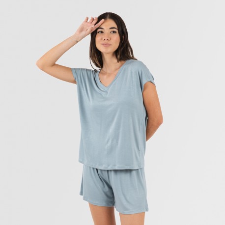 Pijama corto manga fluida viscosa mujer liso