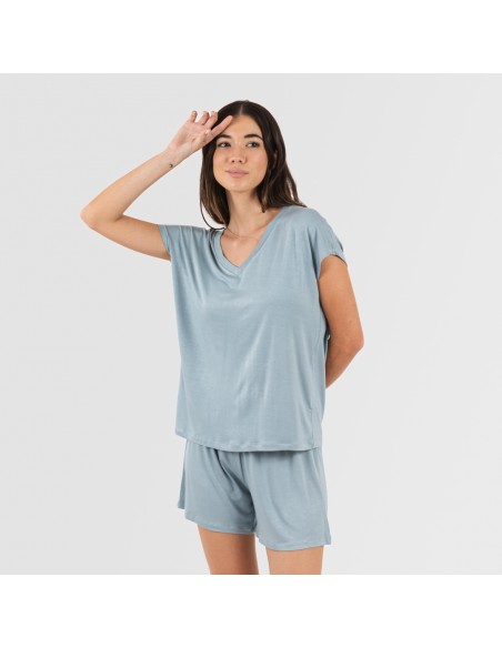 Pijama corto manga fluida viscosa mujer liso