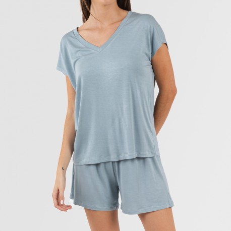 Pijama corto manga fluida viscosa mujer liso