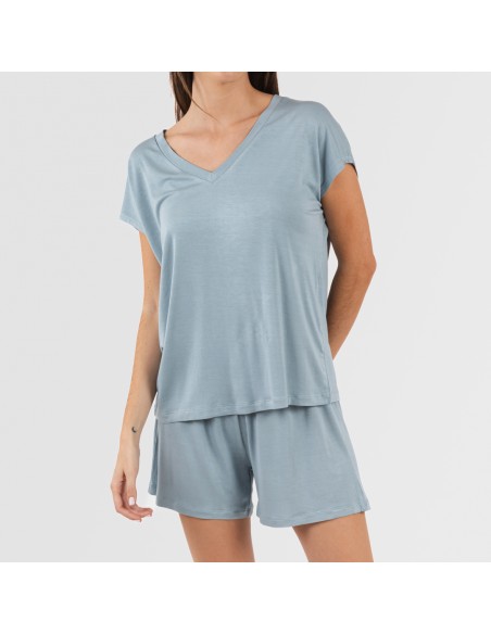 Pijama corto manga fluida viscosa mujer liso