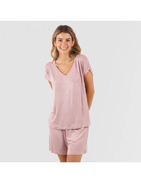 Pijama corto manga fluida viscosa mujer liso