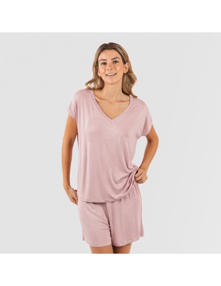 Pijama corto manga fluida viscosa mujer liso