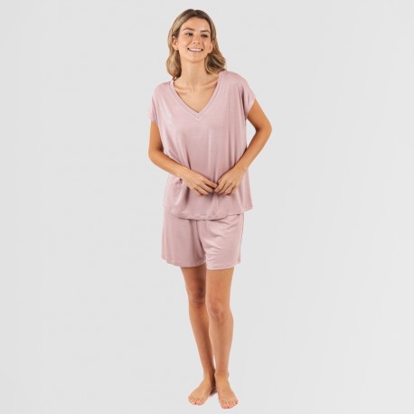 Pijama corto manga fluida viscosa mujer liso