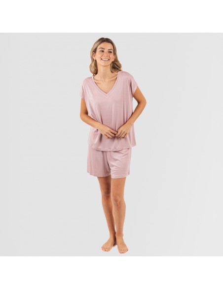 Pijama corto manga fluida viscosa mujer liso