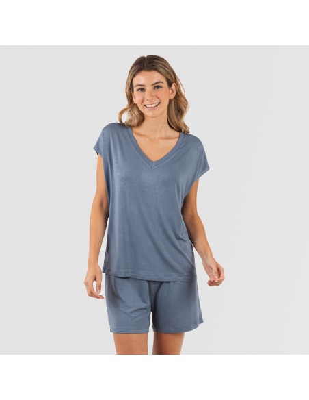 Pijama corto manga fluida viscosa mujer liso