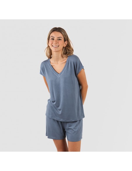 Pijama corto manga fluida viscosa mujer liso