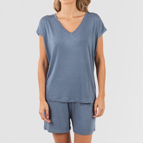 Pijama corto manga fluida viscosa mujer liso