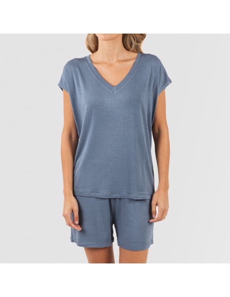 Pijama corto manga fluida viscosa mujer liso