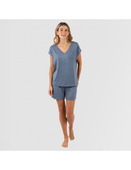 Pijama corto manga fluida viscosa mujer liso