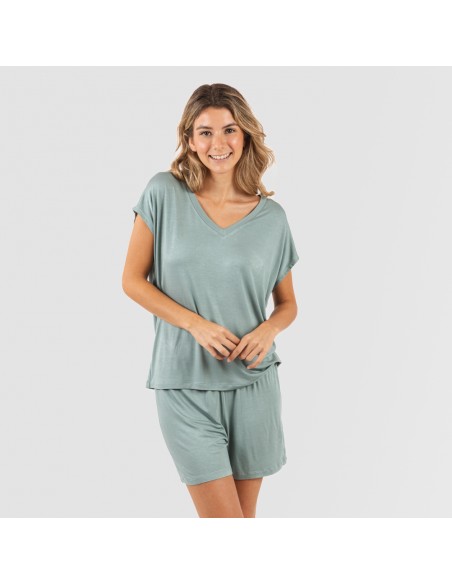 Pijama corto manga fluida viscosa mujer liso