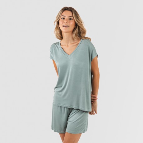 Pijama corto manga fluida viscosa mujer liso