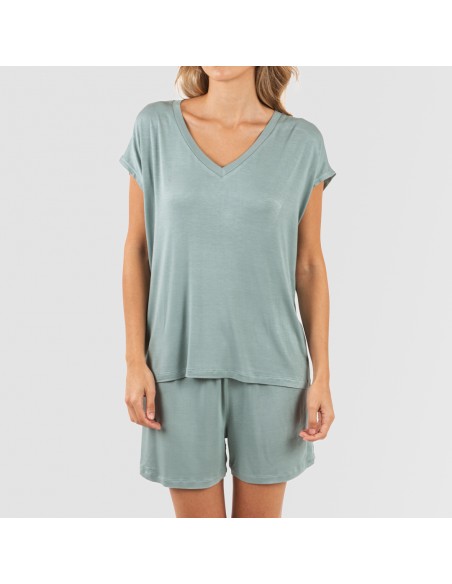 Pijama corto manga fluida viscosa mujer liso