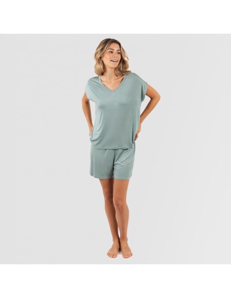 Pijama corto manga fluida viscosa mujer liso
