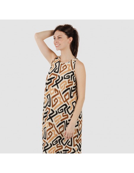 Vestido largo tirantes crepe Domeka marrón - negro