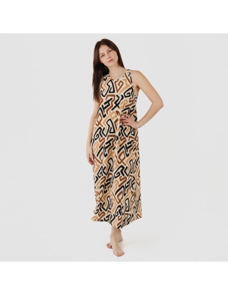 Vestido largo tirantes crepe Domeka marrón - negro