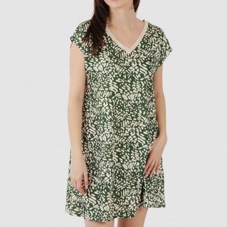 Vestido corto manga fluida soft Miquela verde caceria