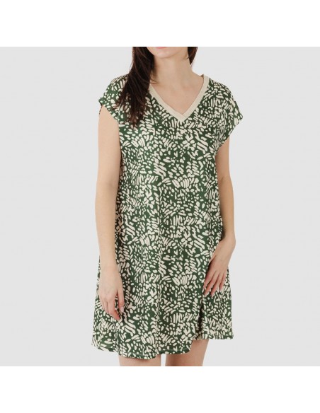 Vestido corto manga fluida soft Miquela verde caceria