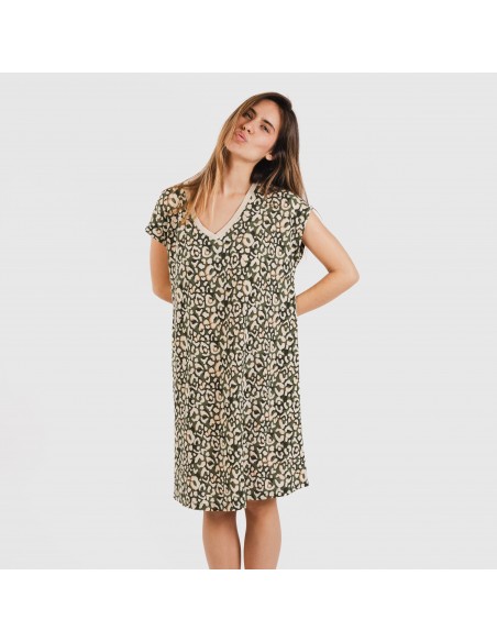 Vestido corto manga fluida crepe Milina verde caceria