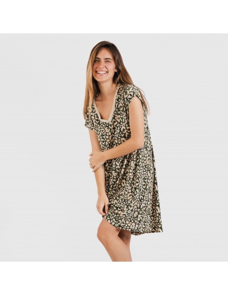 Vestido corto manga fluida crepe Milina verde caceria