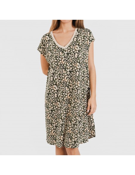 Vestido corto manga fluida crepe Milina verde caceria