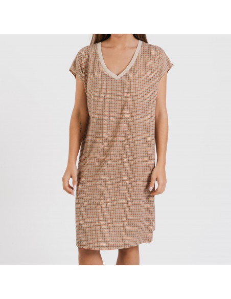 Vestido corto manga fluida crepe Tamila teja