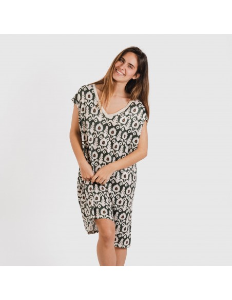 Vestido corto manga fluida soft Raia verde caceria