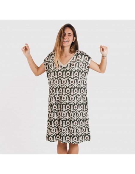 Vestido corto manga fluida soft Raia verde caceria