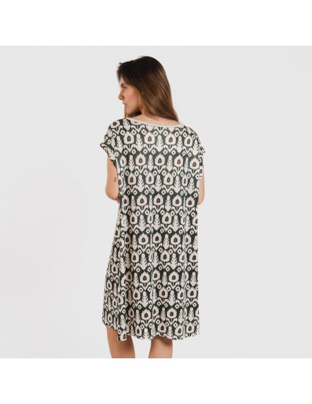 Vestido corto manga fluida soft Raia verde caceria