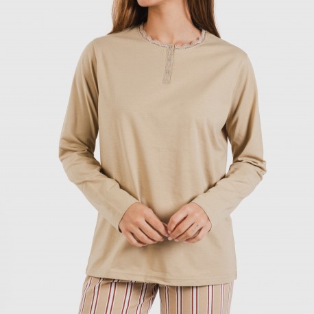 Pijama largo algodón Raya Ico arena