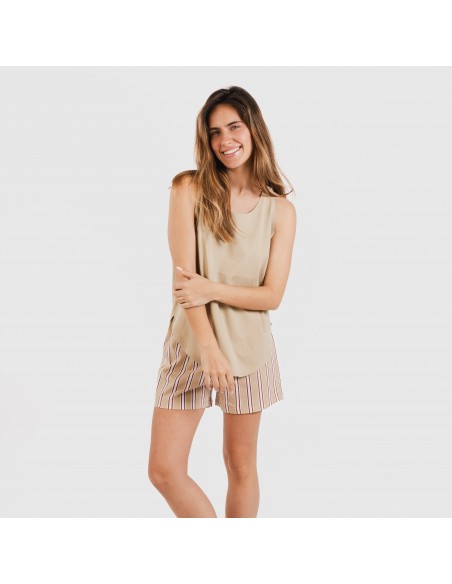 Pijama corto algodón Raya Ico arena