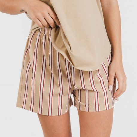 Pijama corto algodón Raya Ico arena