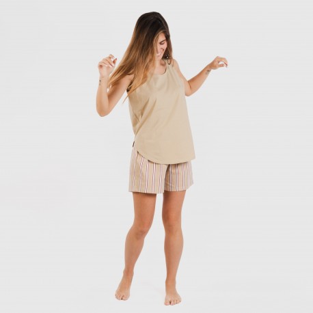 Pijama corto algodón Raya Ico arena