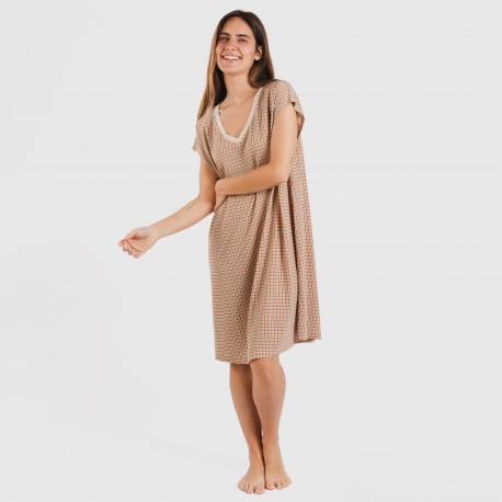 Vestido corto manga fluida crepe Tamila teja