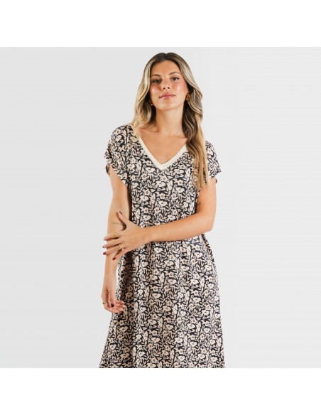 Vestido corto manga fluida soft Paterna marrón - negro