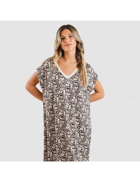 Vestido corto manga fluida soft Paterna marrón - negro