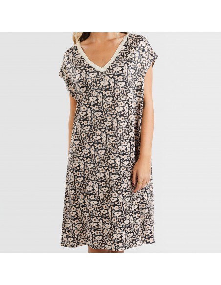 Vestido corto manga fluida soft Paterna marrón - negro