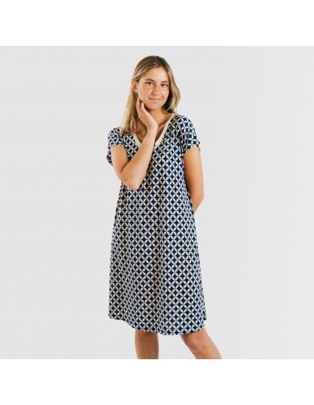 Vestido corto manga fluida crepe Ohio azul marino