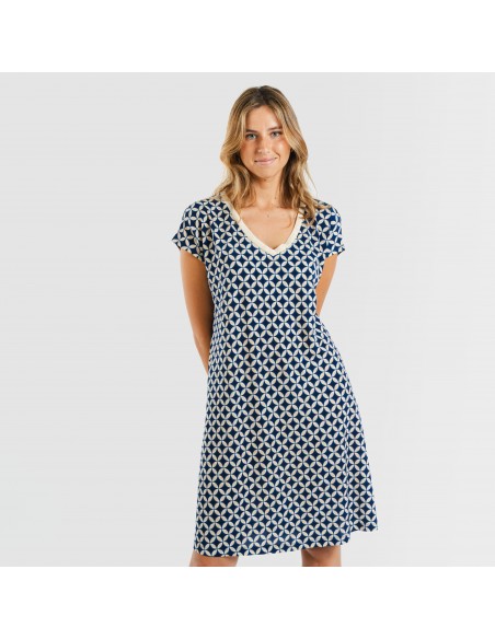 Vestido corto manga fluida crepe Ohio azul marino