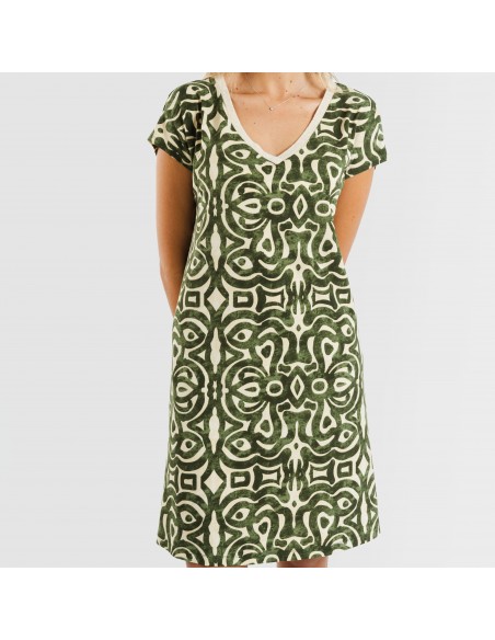 Vestido corto manga fluida crepe Premura verde caceria