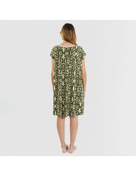 Vestido corto manga fluida crepe Premura verde caceria