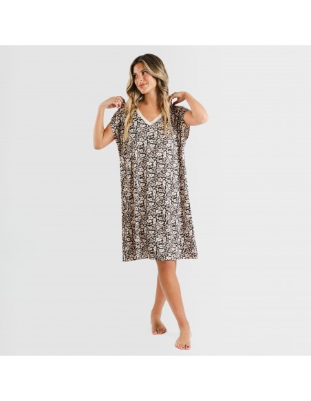 Vestido corto manga fluida soft Paterna marrón - negro