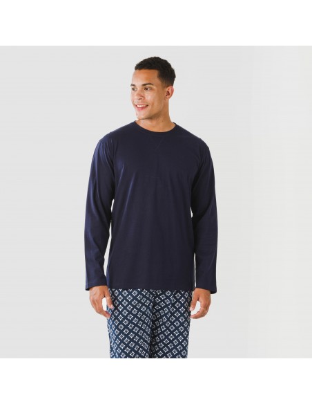 Pijama largo algodón hombre Checo azul marino