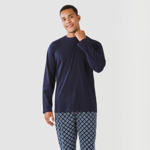 Pijama largo algodón hombre Checo azul marino 2