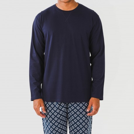 Pijama largo algodón hombre Checo azul marino
