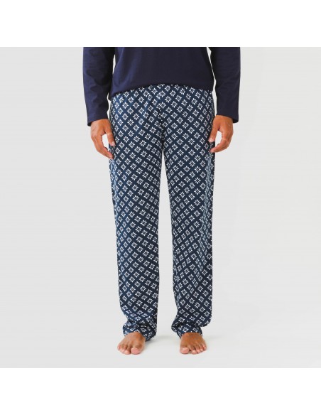Pijama largo algodón hombre Checo azul marino