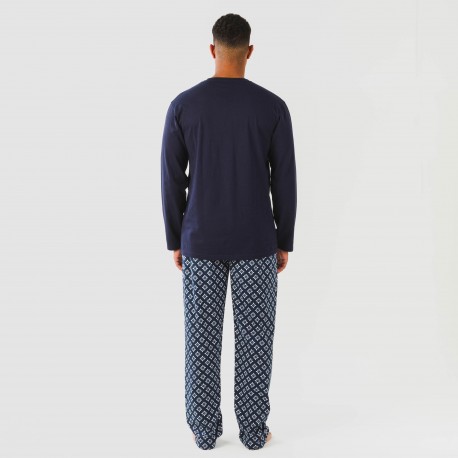 Pijama largo algodón hombre Checo azul marino