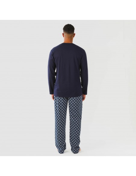 Pijama largo algodón hombre Checo azul marino