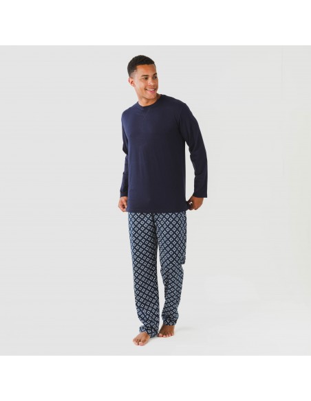 Pijama largo algodón hombre Checo azul marino
