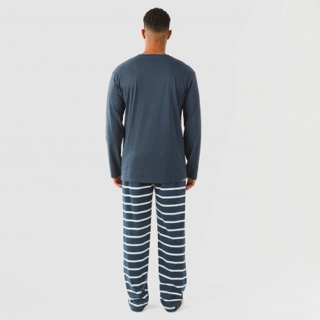Pijama largo algodón hombre Raya Sailor azul marino