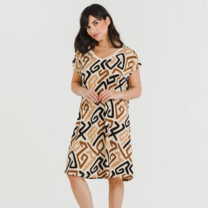 Vestido corto manga fluida crepe Domeka marrón - negro